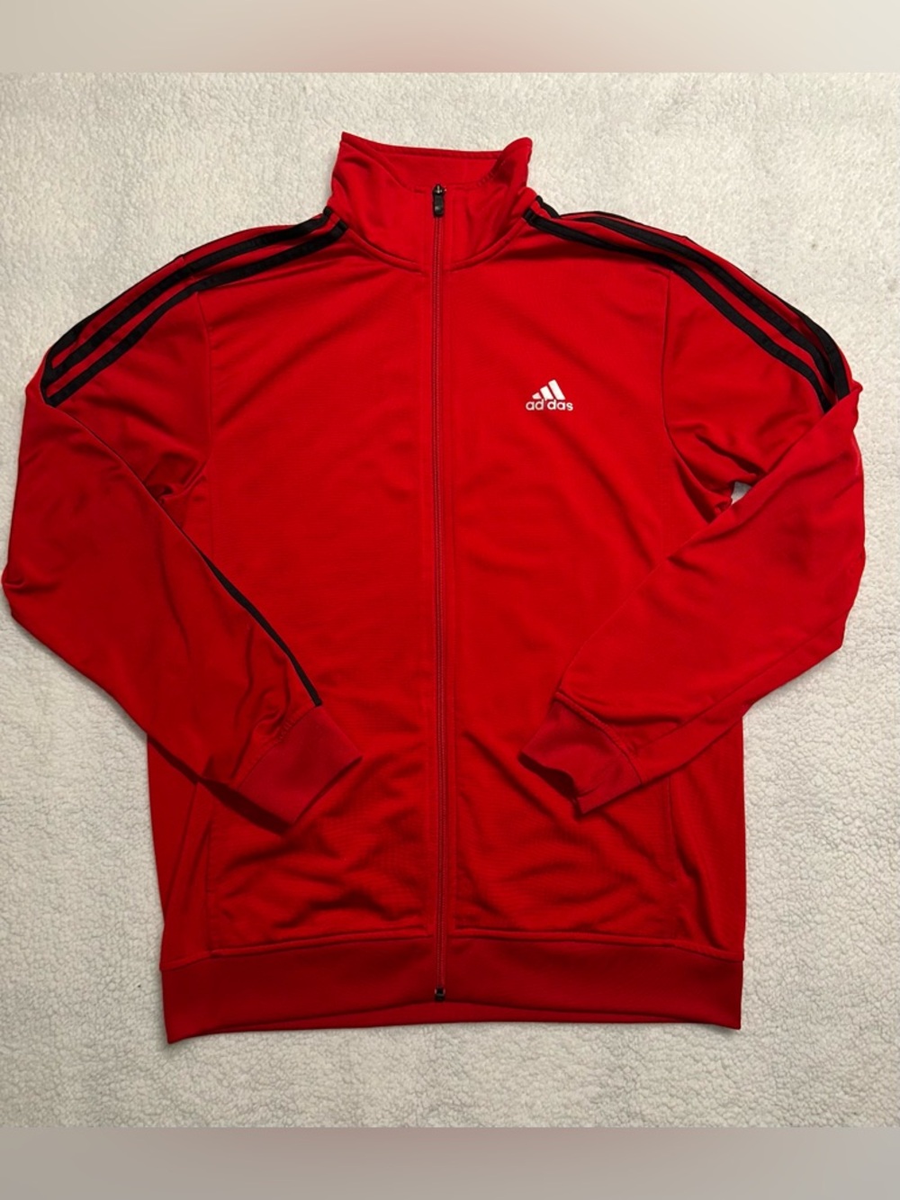 adidas Red Full-Zip Performance Track Jacket with Black Stripes